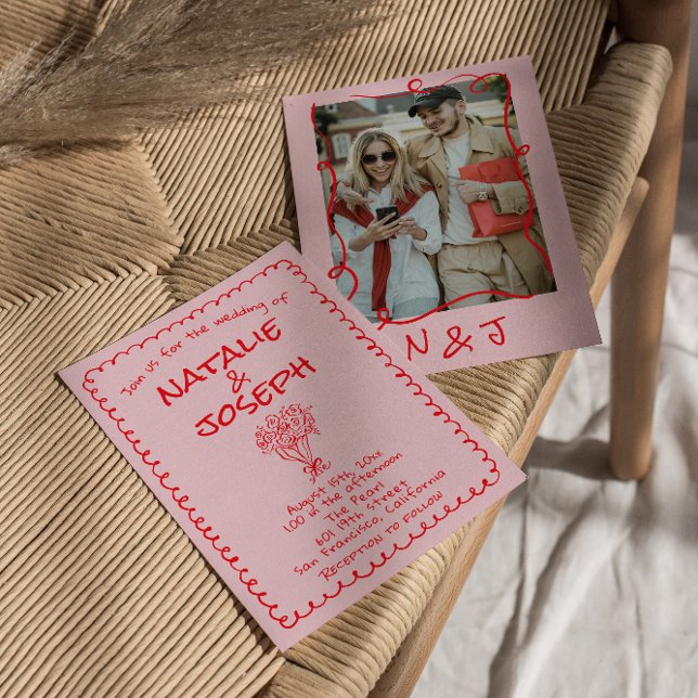 Invitation Mariage Funky Rose Rouge Dessiné à la Main Rétro (Créateur téléchargé)