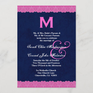 Invitation Mariage G112 du Monogramme à dentelles bleues et r