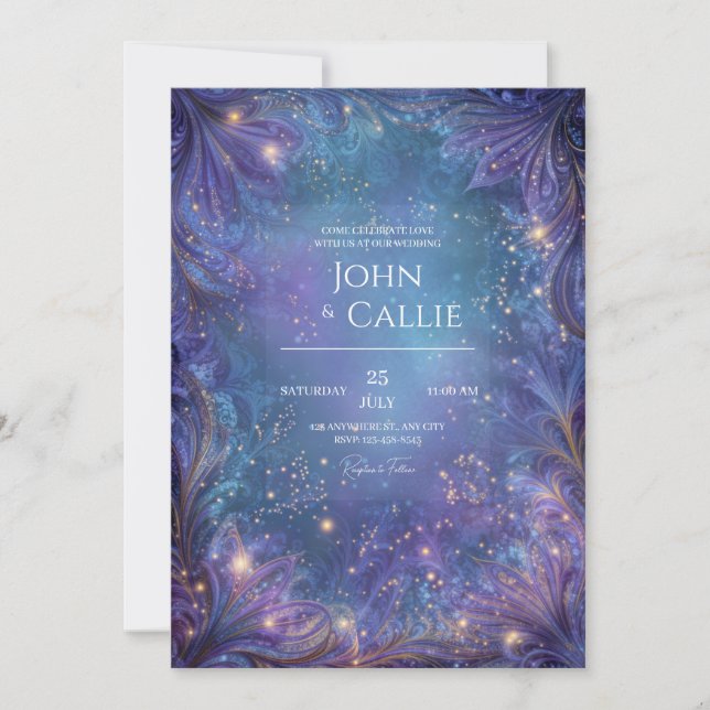 Invitation Mariage Galaxie Floral Céleste Violet Orné (Devant)