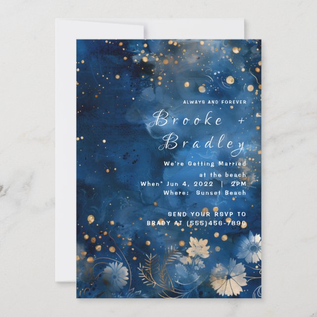 Invitation Mariage Galaxie Florale Bleu Minuit (Devant)
