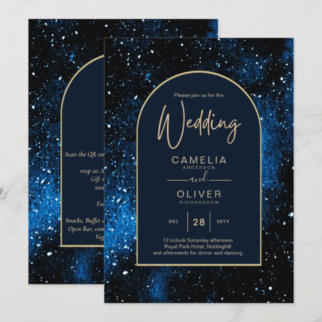 Invitation Mariage Galaxie Nuit Étoilée Bleu Nuit Or (Devant / Derrière)