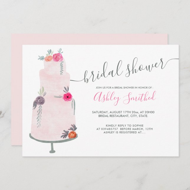 Invitation Mariage gâteau rose floral aquarelle nuptiale (Devant / Derrière)