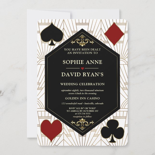 Invitation Mariage Gatsby Code QR Casino Art Déco Or Blanc  (Devant)