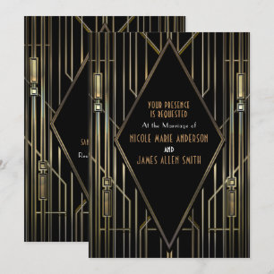 Invitation Mariage Gatsby Glam Art Déco 20's Noir & Or