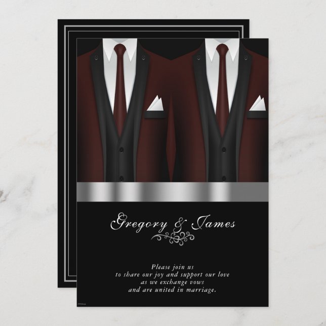 Invitation Mariage gay Bourgogne Tuxedo Argent Noir (Devant / Derrière)