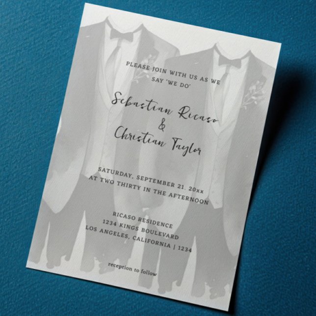 Invitation Mariage gay deux pièces en costume et Cravate (Gay Wedding Two Grooms in Suits and Ties Invitation by Ricaso Modern same sex wedding invites )