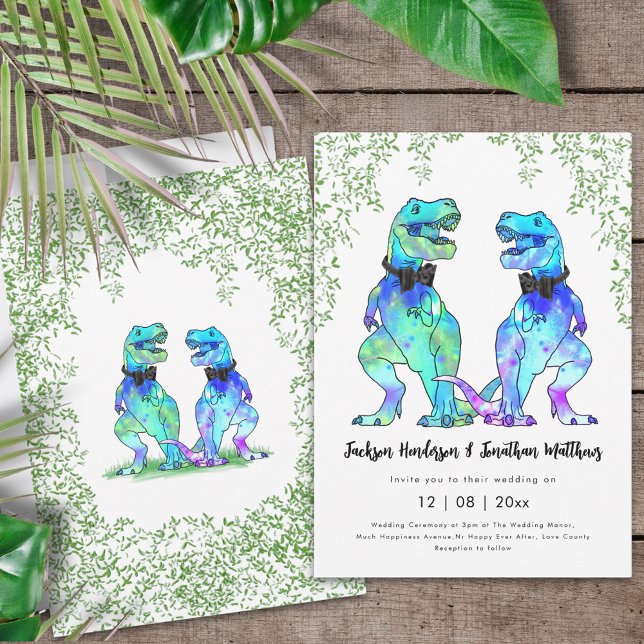 Invitation Mariage Gay Dinosaure T-Rex Deux Mariés (Dinosaur gay wedding two T-Rex grooms colorful dino wedding invitation in vibrant bright colors )