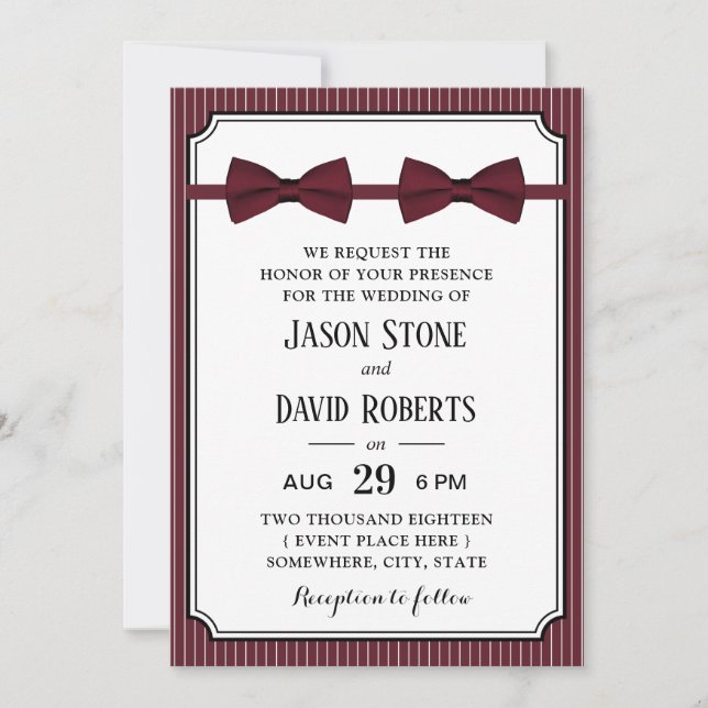 Invitation Mariage gay Double Bow Cravates Bourgogne Rouge (Devant)