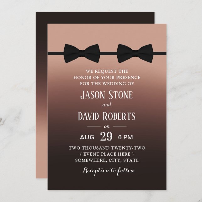 Invitation Mariage gay Double Bow Cravates élégant Brown Ombr (Devant / Derrière)