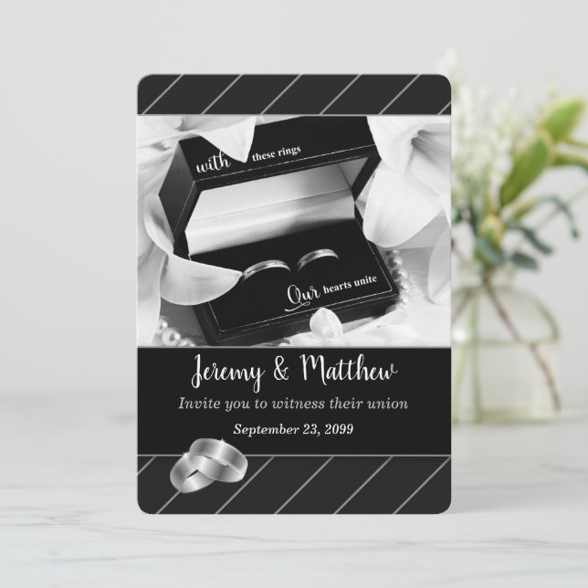 Invitation Mariage Gay et Lesbian Black Stripe et Anneaux (Debout devant)