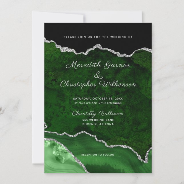 Invitation Mariage Géode d'Agate de Parties scintillant verte (Devant)