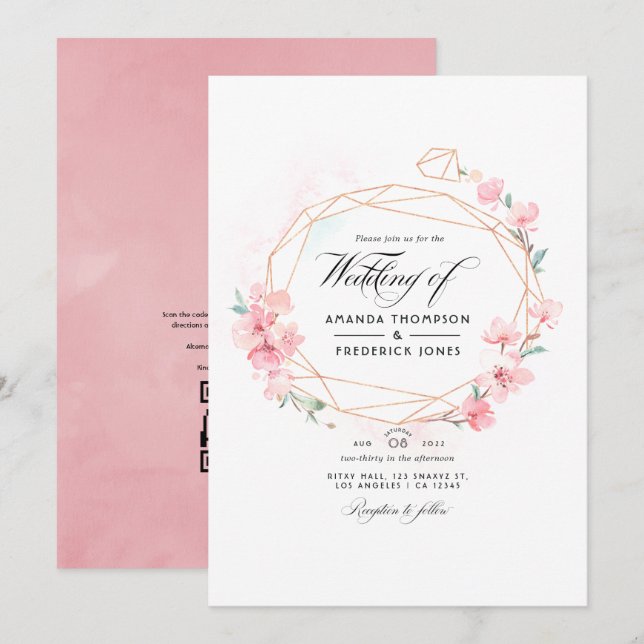 Invitation Mariage géométrique à code QR RSVP Fleur de cerisi (Devant / Derrière)