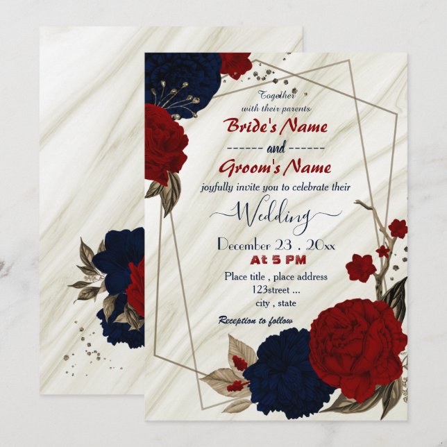 Invitation mariage géométrique à fleurs bleu rouge et bleu ma (Devant / Derrière)