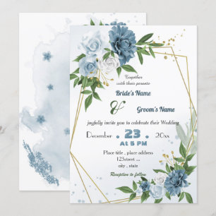 Invitation mariage géométrique à fleurs bleues romantiques