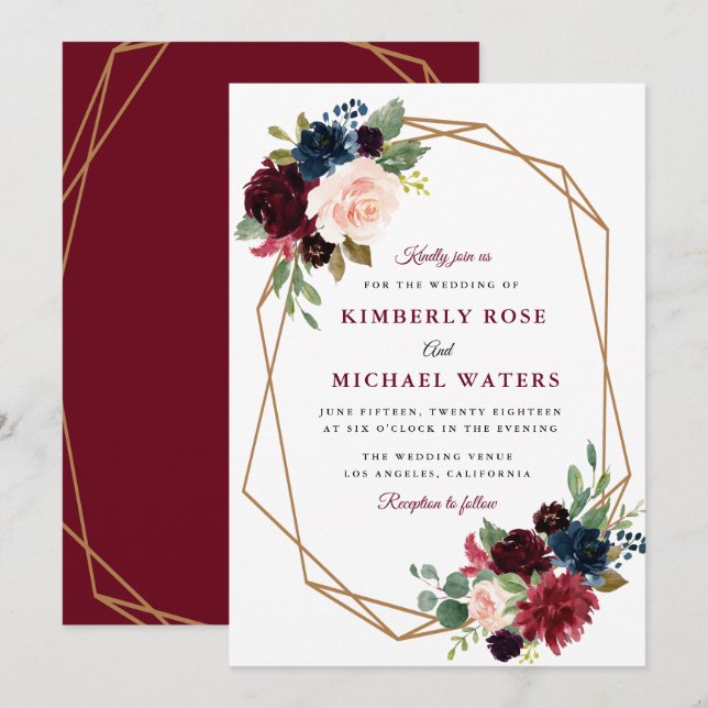 Invitation mariage géométrique à fleurs bordeaux (Devant / Derrière)