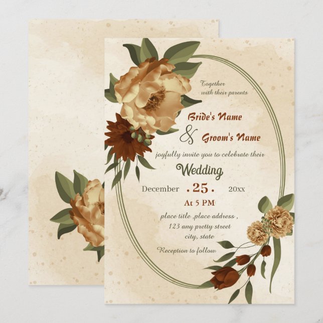 Invitation mariage géométrique à fleurs de terre cuite rustiq (Devant / Derrière)