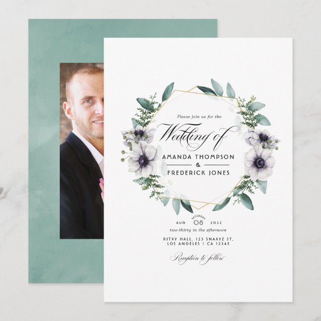 Invitation Mariage géométrique à l'anémone et à l'aquarelle d (Devant / Derrière)