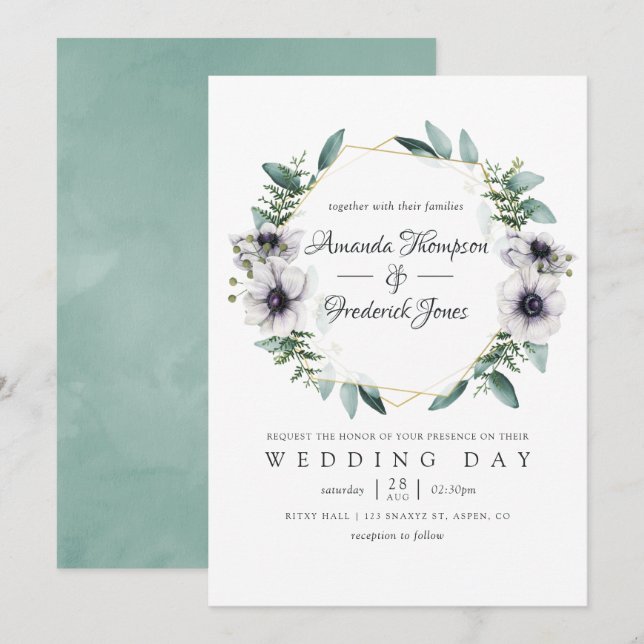 Invitation Mariage géométrique à l'anémone et à l'aquarelle d (Devant / Derrière)