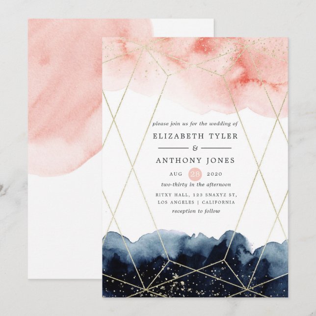 Invitation Mariage géométrique à l'aquarelle bleu marine et r (Devant / Derrière)