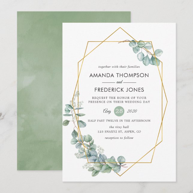Invitation Mariage géométrique à l'aquarelle eucalyptus (Devant / Derrière)