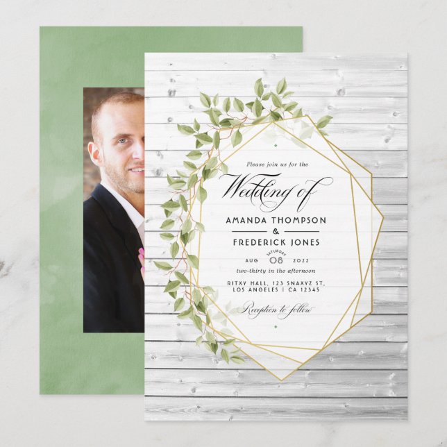Invitation Mariage géométrique à l'aquarelle rustique de verd (Devant / Derrière)