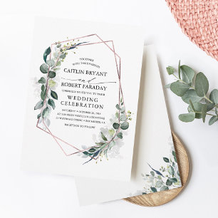 Invitation Mariage géométrique à l'eucalyptus avec rose en or