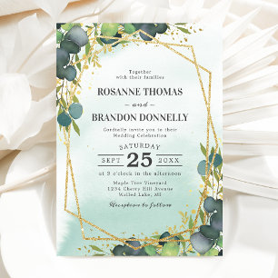 Invitation Mariage géométrique à l'eucalyptus rustique or