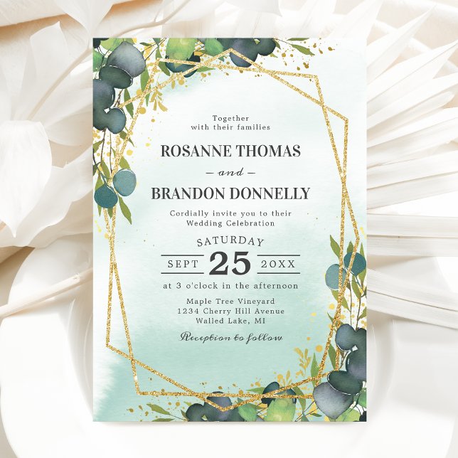 Invitation Mariage géométrique à l'eucalyptus rustique or (Créateur téléchargé)