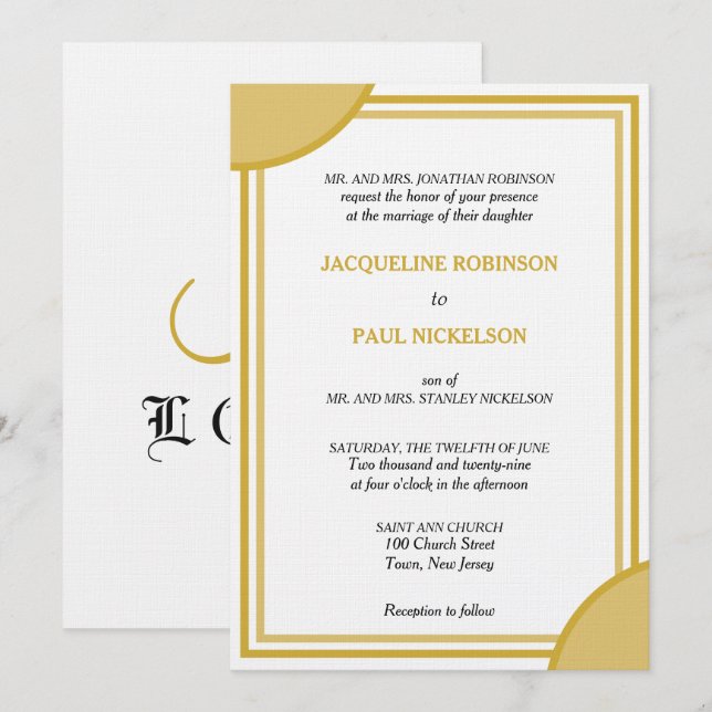 Invitation Mariage géométrique à monogramme blanc or (Devant / Derrière)