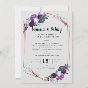 Invitation Mariage Géométrique à Motif Floral Violet