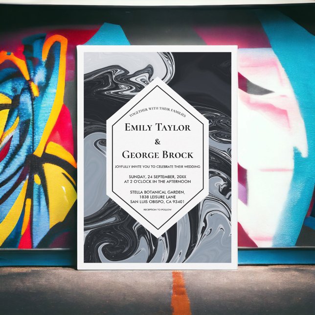 Invitation Mariage géométrique Abstrait noir et blanc minimal (Créateur téléchargé)