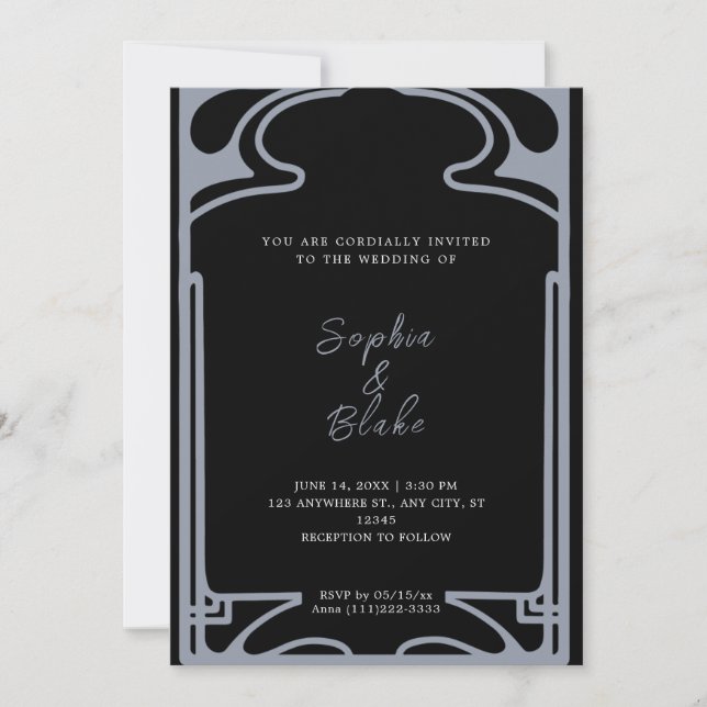 Invitation Mariage géométrique Art déco noir et argenté (Devant)
