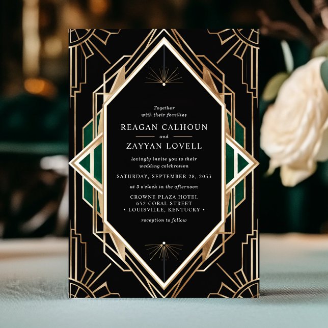 Invitation Mariage géométrique Art Déco noir et or Émeraude  (Créateur téléchargé)
