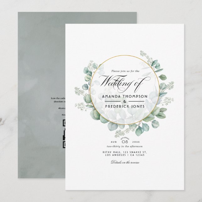 Invitation Mariage géométrique au code QR Eucalyptus Silver S (Devant / Derrière)