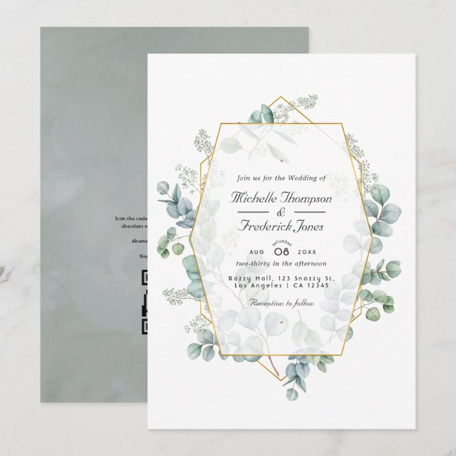 Invitation Mariage géométrique au code QR Eucalyptus Silver S (Devant / Derrière)