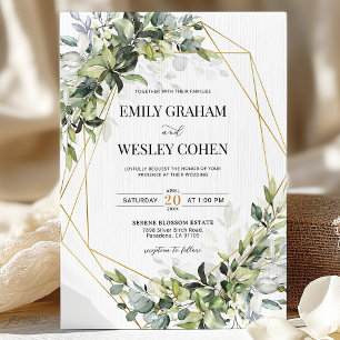 Invitation Mariage Géométrique au Eucalyptus Doré et Verdure