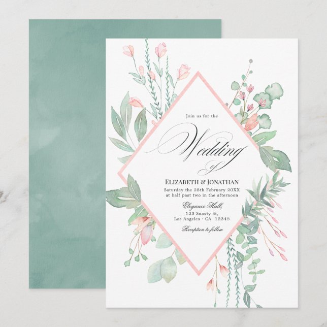 Invitation Mariage Géométrique au Vert Pâle et Rose (Devant / Derrière)