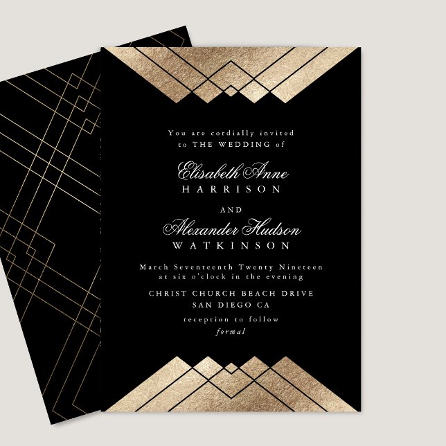 Invitation Mariage Géométrique Black Gold Calligraphie (Créateur téléchargé)