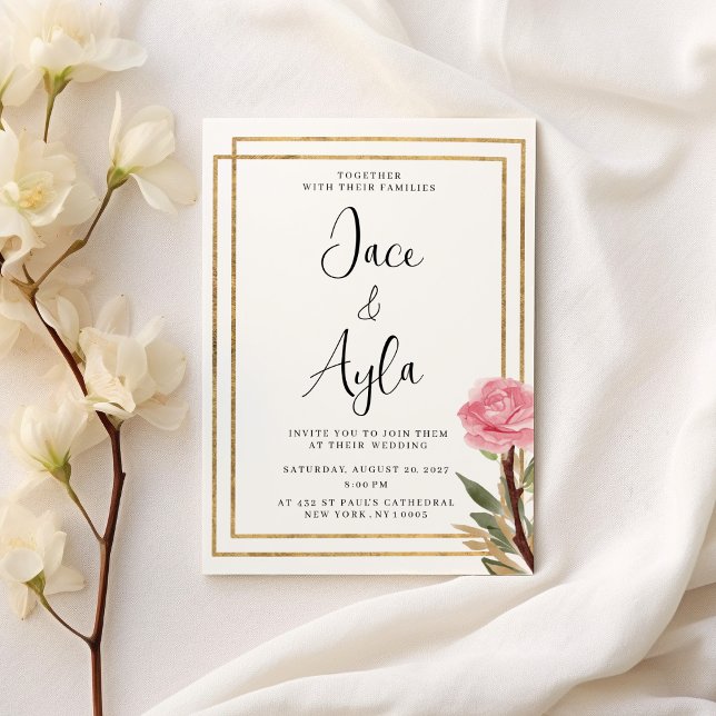 Invitation Mariage géométrique blanc or rose menthe (Geometric white gold pink mint flower Wedding )