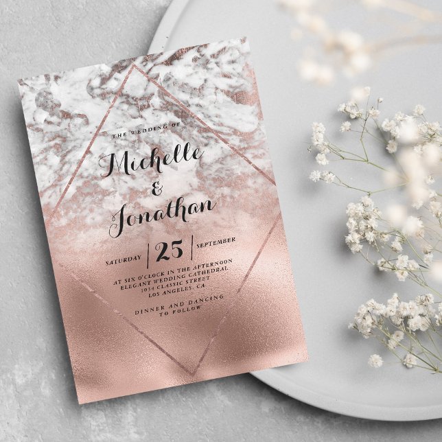 Invitation Mariage géométrique blanc rose or dégradé (Geometric white rose gold gradient marble wedding)