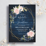 Invitation Mariage géométrique bleu bleu bleu bleu bleu marin<br><div class="desc">Faire-part de mariage géométrique florale bleu marine foncé avec élégant bouquet bleu marine,  bleu royal,  blanc,  rose blush et vert sauge eucalyptus feuilles et élégant cadre géométrique neutre parties scintillant. Veuillez me contacter pour toute aide sur la personnalisation ou si vous avez besoin d'un autre produit avec ce design.</div>
