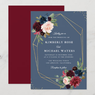 Invitation Mariage géométrique bleu Bourgogne et Dusty
