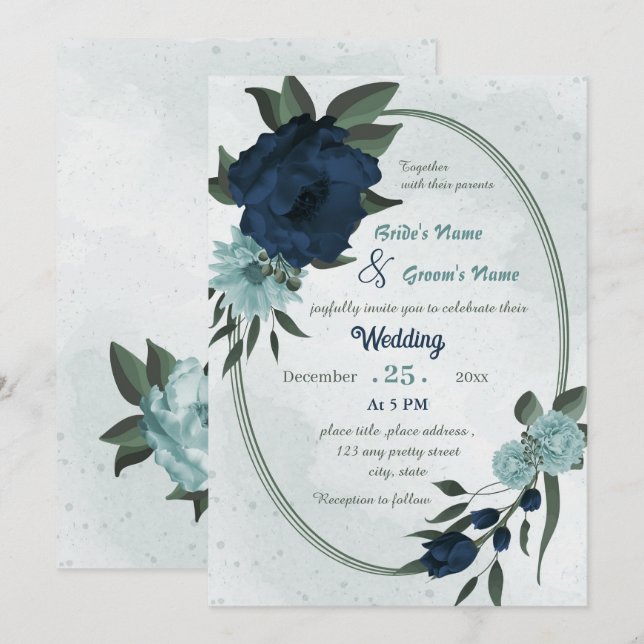 Invitation Mariage géométrique bleu et bleu foncé (Devant / Derrière)