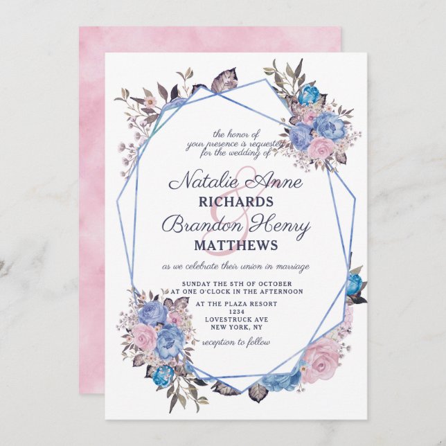 Invitation Mariage géométrique bleu et rose de charme parisie (Devant / Derrière)