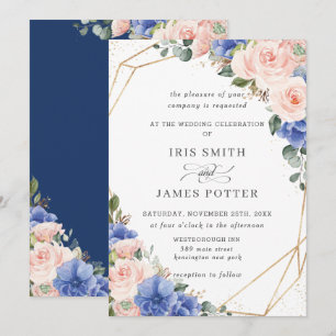 Invitation Mariage géométrique Blush & Blue Floral Rose Gold