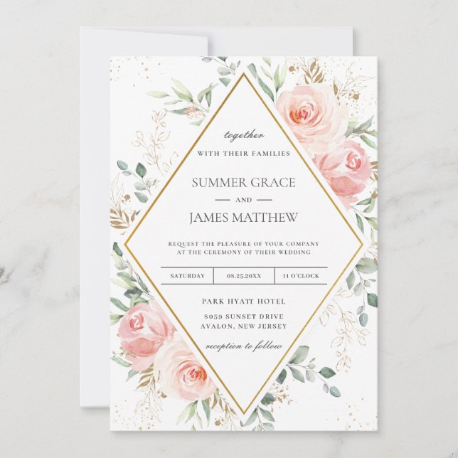 Invitation Mariage géométrique Blush Rose Floral Gold Diamond (Devant)