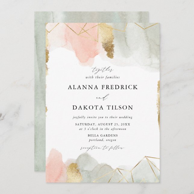 Invitation Mariage géométrique Blush & Sage Aquarelle Or (Devant / Derrière)