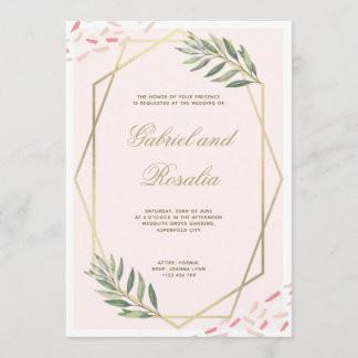 Invitation Mariage Géométrique Bordé de Fleurs en Or Rose