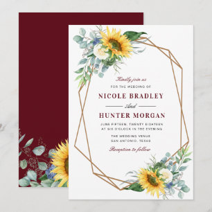 Invitation mariage géométrique bordeaux floral de tournesol