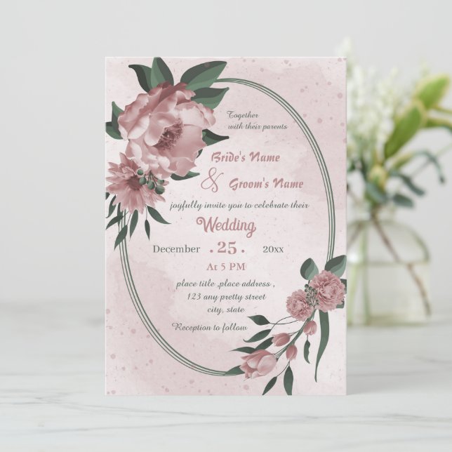 Invitation mariage géométrique botanique de fleurs roses (Debout devant)